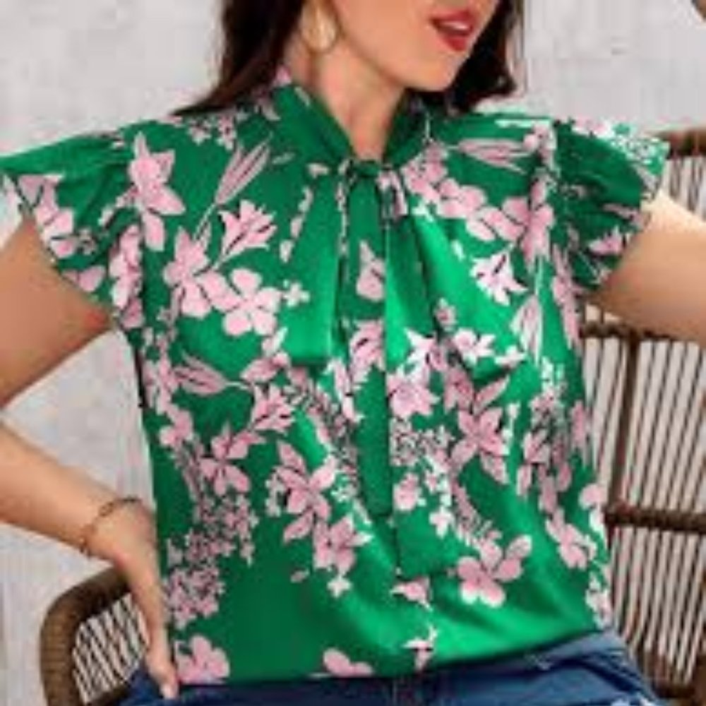 SHEIN GREEN FLORAL PRINT TIE NECK BLOUSE -  NWOT